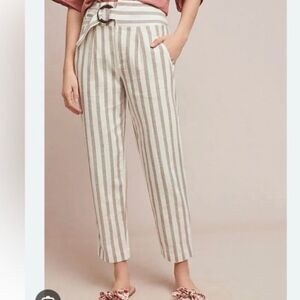 By Anthropologie linen blend striped tapered pant with buckle loop waist 12